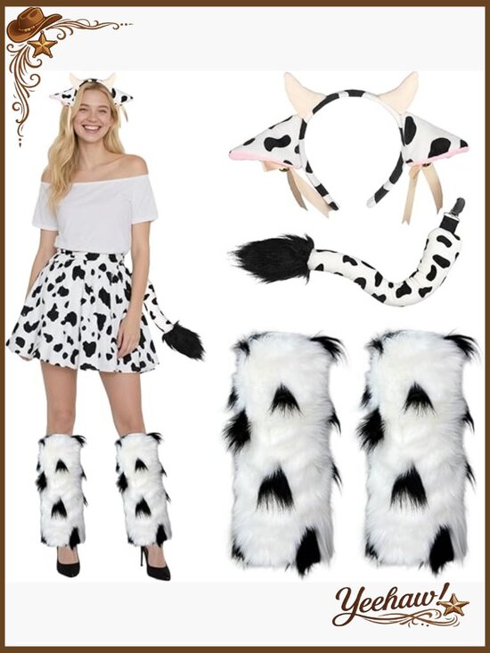 Furry Cow Leg Warmers Ears Headband Horns Halloween Costume Set Adult main image 4